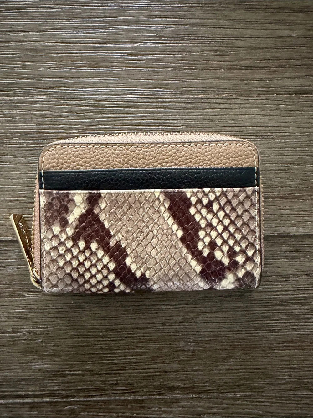 Michael Kors Brown and Cream Snake-Print Zip Card Wallet